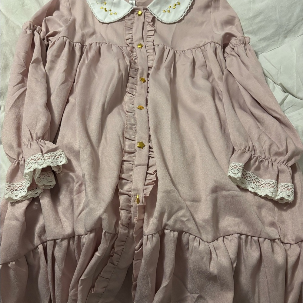 Elegant Pink Long Sleeve Dress with Lace Trim